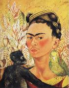 Frida Kahlo Self-Portrait with Monkey and Parrot oil on canvas